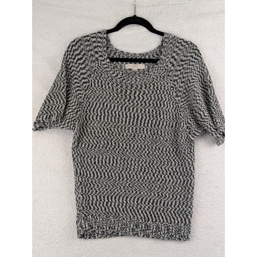 Ann Taylor LOFT Womens Medium Black White Marled Knit Short Sleeve Sweater Scoop